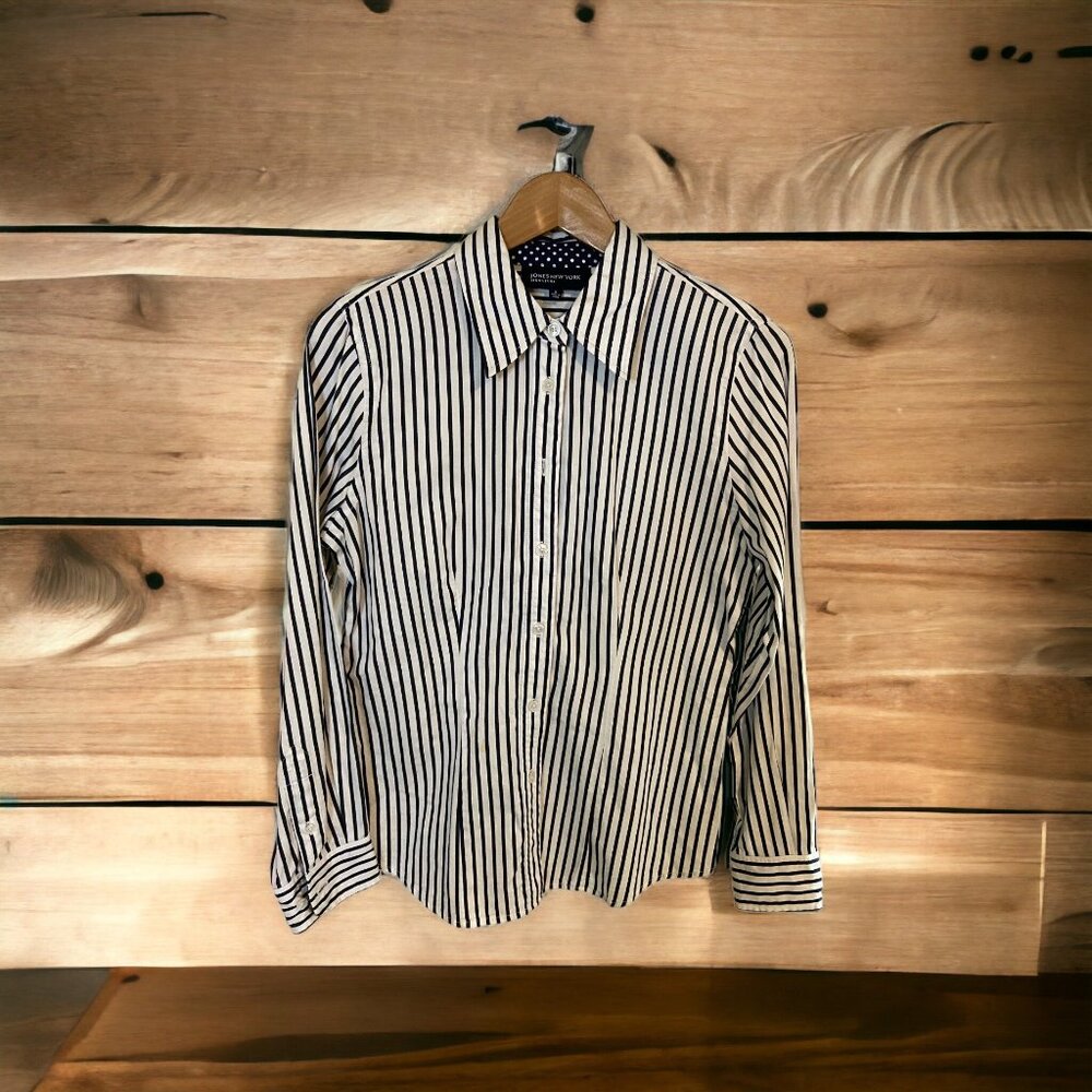 Jones New York Women Small Black White Striped ButtonUp Shirt Long Sleeve Career
